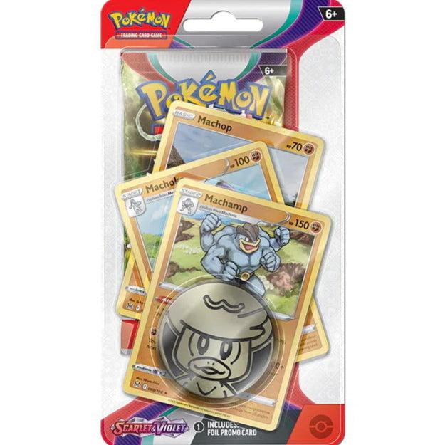 Image of the sealed checklane blister pack- including one base set pack of scarlet and violet Pokémon cards, and 3 promos with Machamp at the front. The other two cards are Machop, and Machoke.