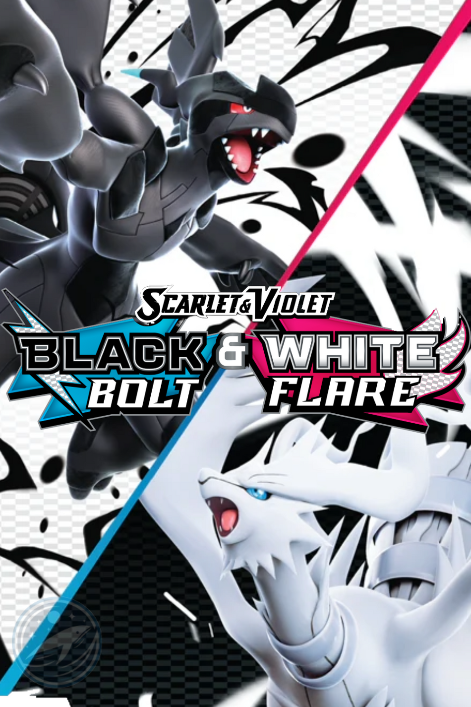 Reshiram, and Zekrom in Black & white with the Pokemon scarlet & violet Black Bolt and White Flare logo.