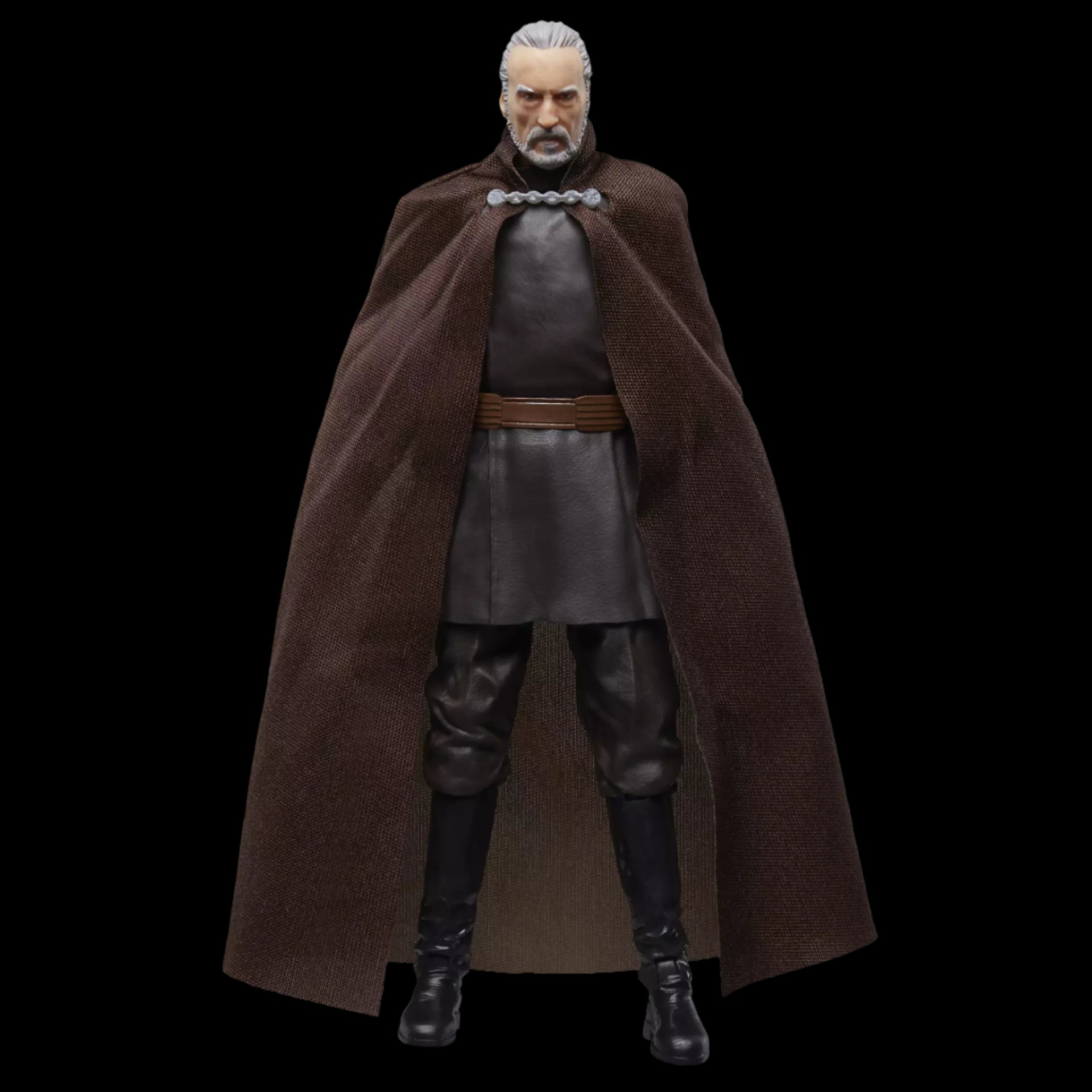 Count Dooku in a brown cape and leather outfit on a black background
