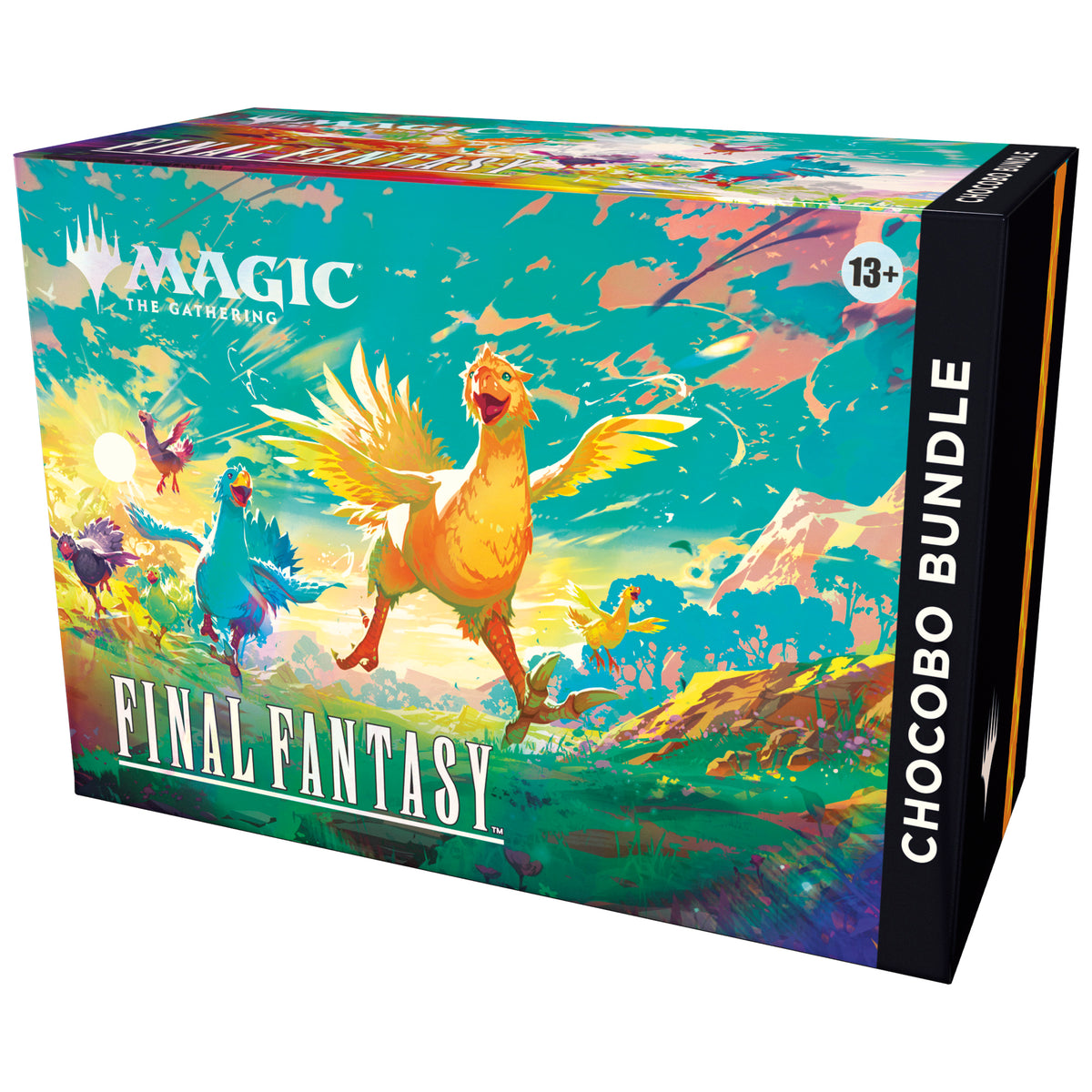 Magic: The Gathering Final Fantasy Chocobo Bundle box with Play Boosters, promo card, lands, and accessories.