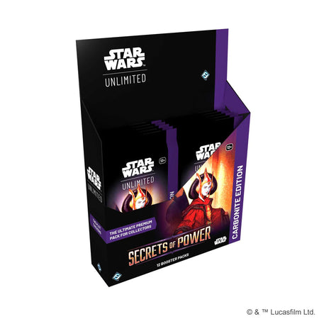 Star Wars Unlimited Secrets of Power Carbonite Edition sealed display with premium Carbonite foil cards.
