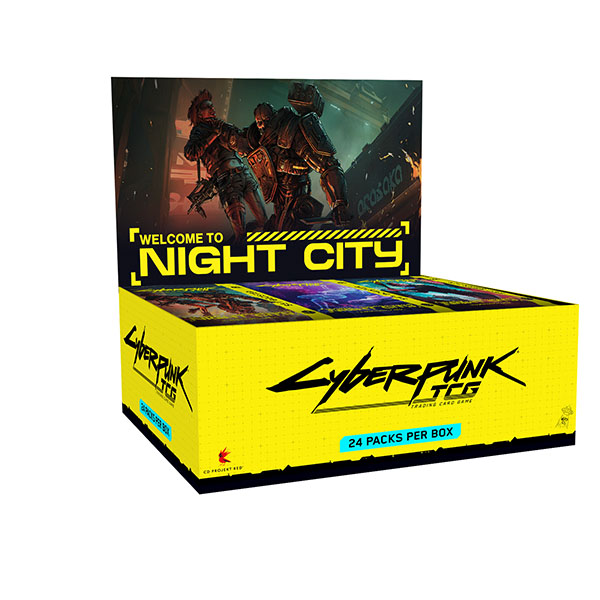 Box of Cyberpunk TCG with characters and 'Welcome to Night City' text on a white background