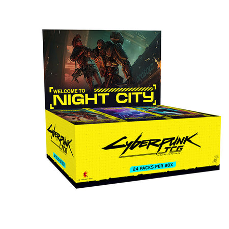 Box of Cyberpunk TCG with characters and 'Welcome to Night City' text on a white background