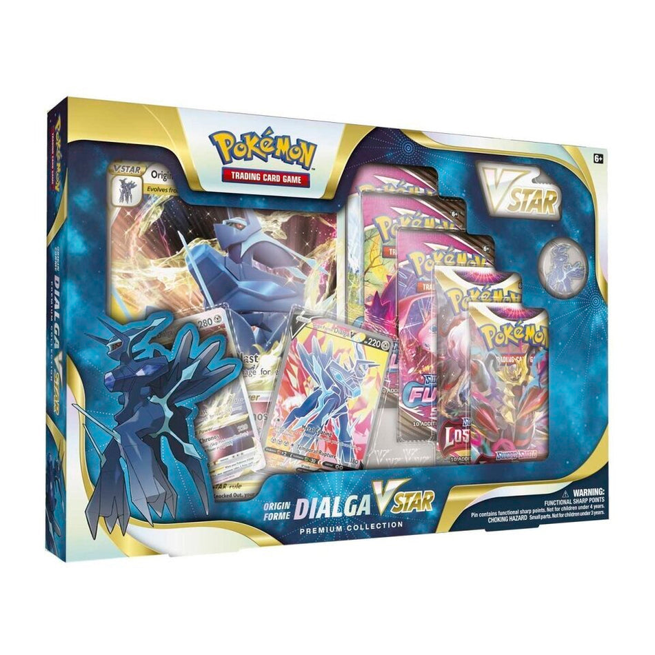 Pokémon TCG Origin Forme Dialga VSTAR Premium Collection box with Dialga VSTAR and V promo cards, jumbo card, Dialga pin, 2 Lost Origin packs, 3 Chilling Reign packs, and VSTAR marker.