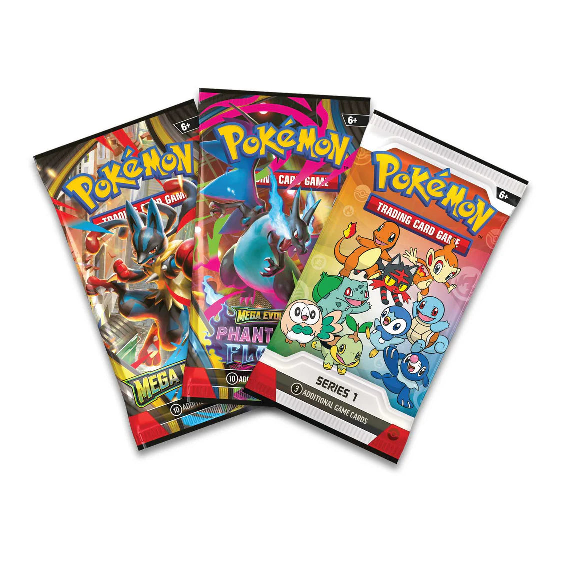 Three Pokemon trading card game packs on a white background