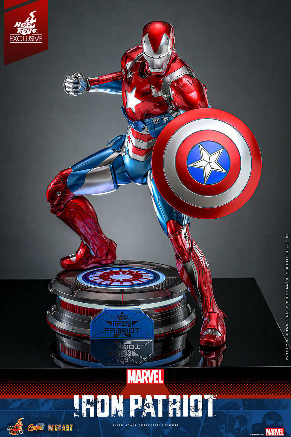 Hot Toys Marvel 1/6 Scale Iron Patriot action figure in metallic red, silver, and blue armor posed upright with weapon-ready stance