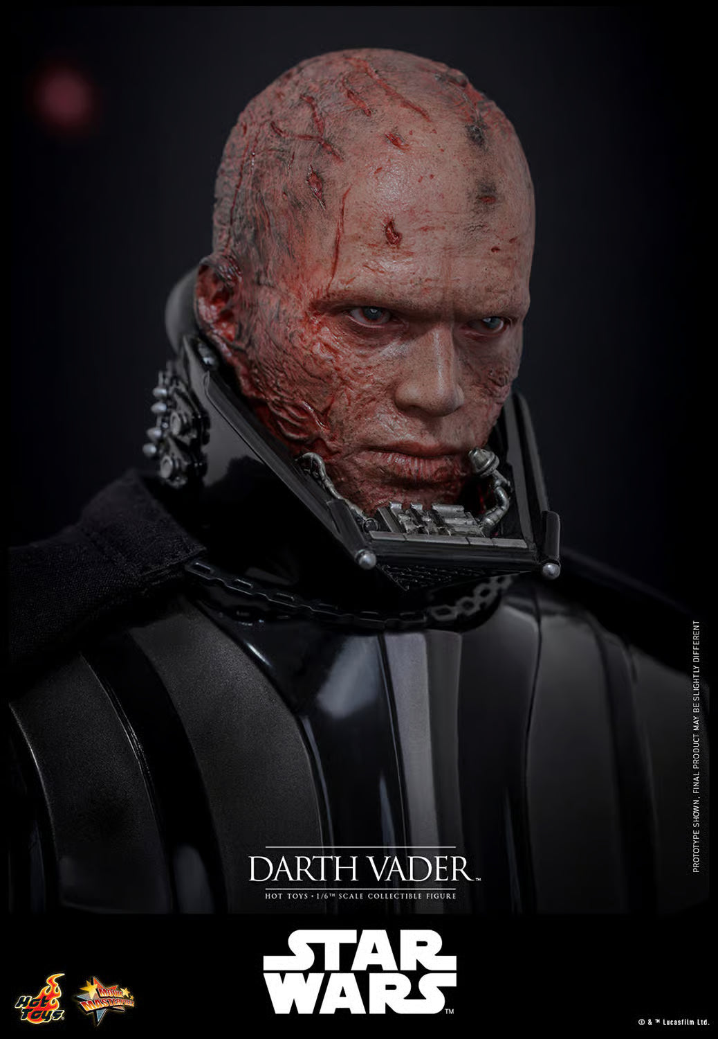 Darth Vader figure with detailed face and Hot Toys logo on a dark background