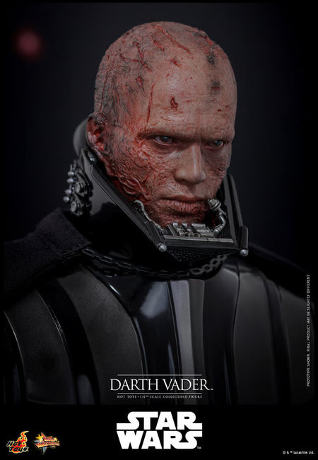 Darth Vader figure with detailed face and Hot Toys logo on a dark background