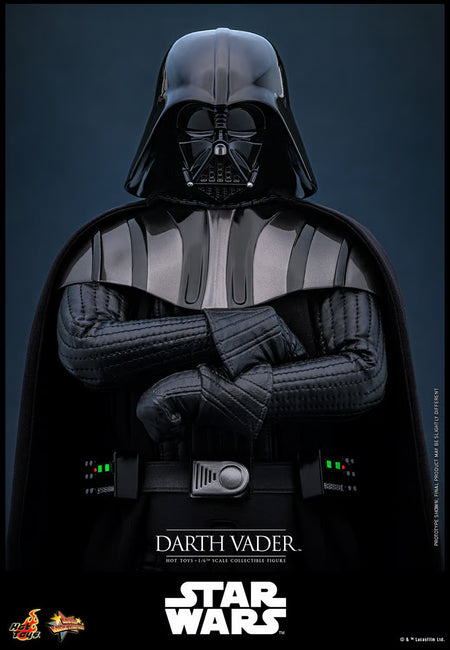 Darth Vader figure with Hot Toys logo and Star Wars branding on a dark background