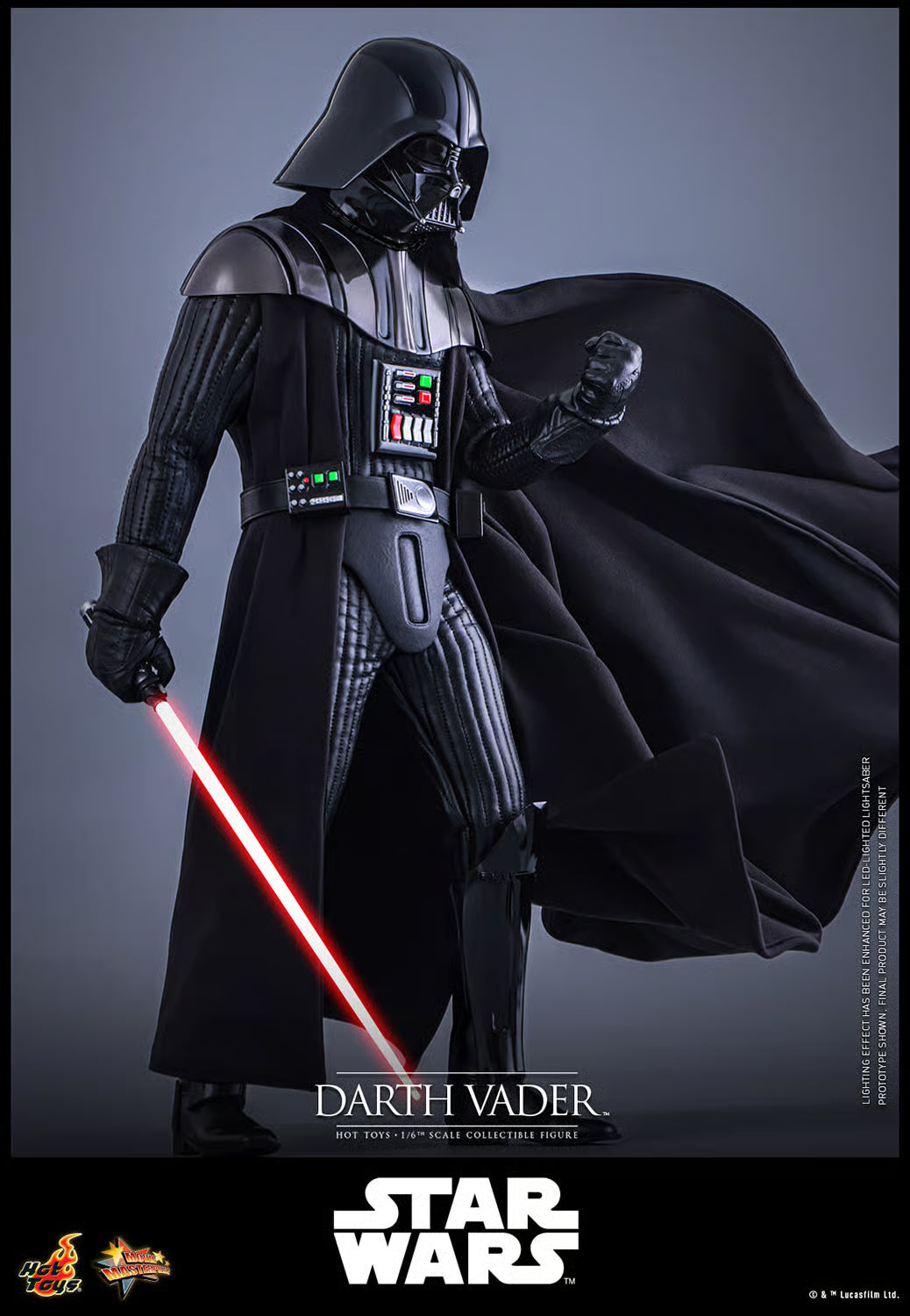 Darth Vader figure from Star Wars with a red lightsaber on a gray background