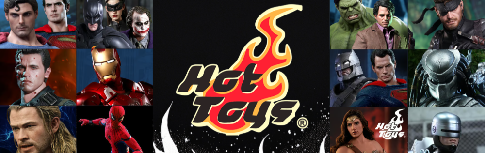 Hot Toys logo surrounded by action figures in a collage format.