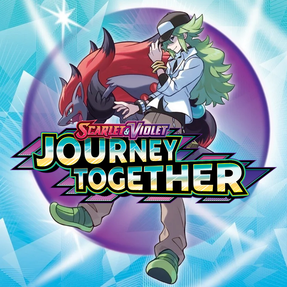 Scarlet & Violet: Journey Together Pokémon TCG artwork featuring Trainer N and Zoroark in front of a glowing blue orb