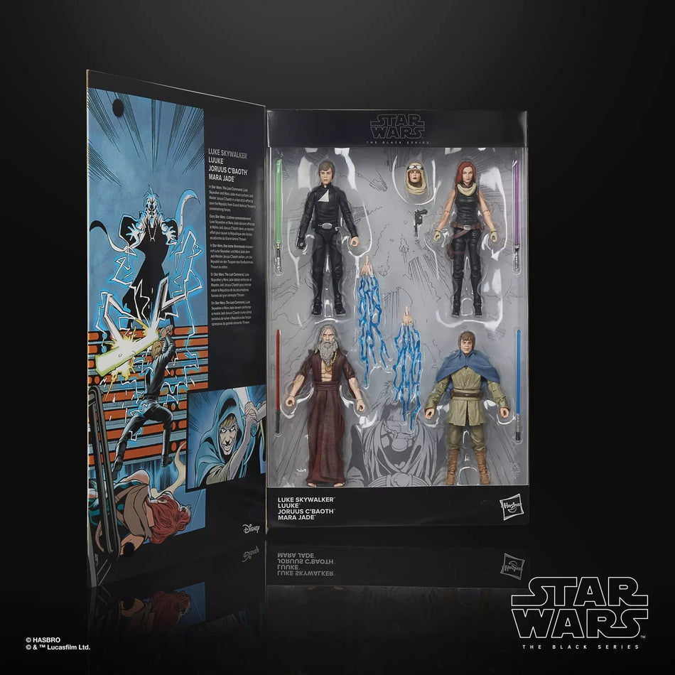 Star Wars The Black Series The Last Command 4-Pack featuring Luke Skywalker, Luuke Skywalker, Joruus C’baoth, and Mara Jade 6-inch figures with accessories in comic-inspired display box.