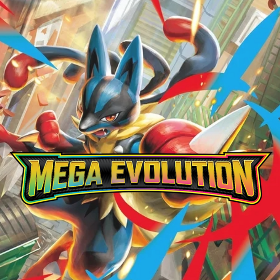 Mega Evolution Pokémon promo featuring Mega Lucario in a dynamic battle pose with colourful energy streaks