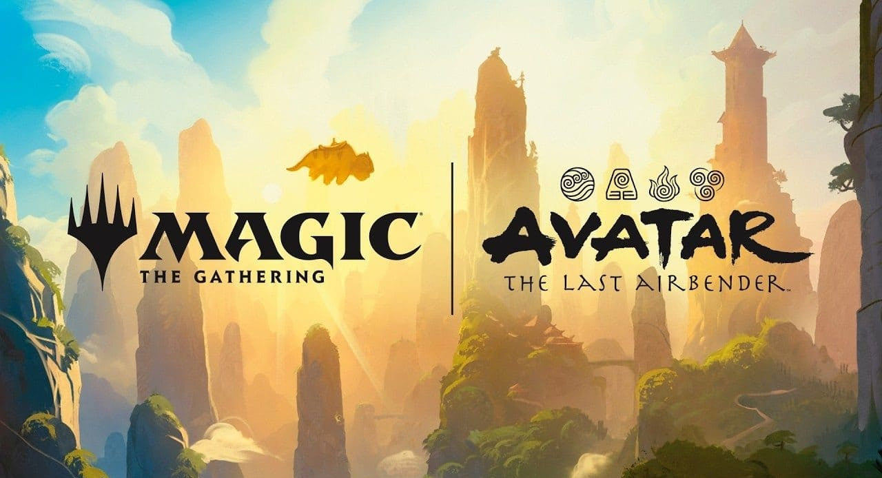 Collaboration between 'Magic: The Gathering' and 'Avatar: The Last Airbender' with stylized mountain and sky background.