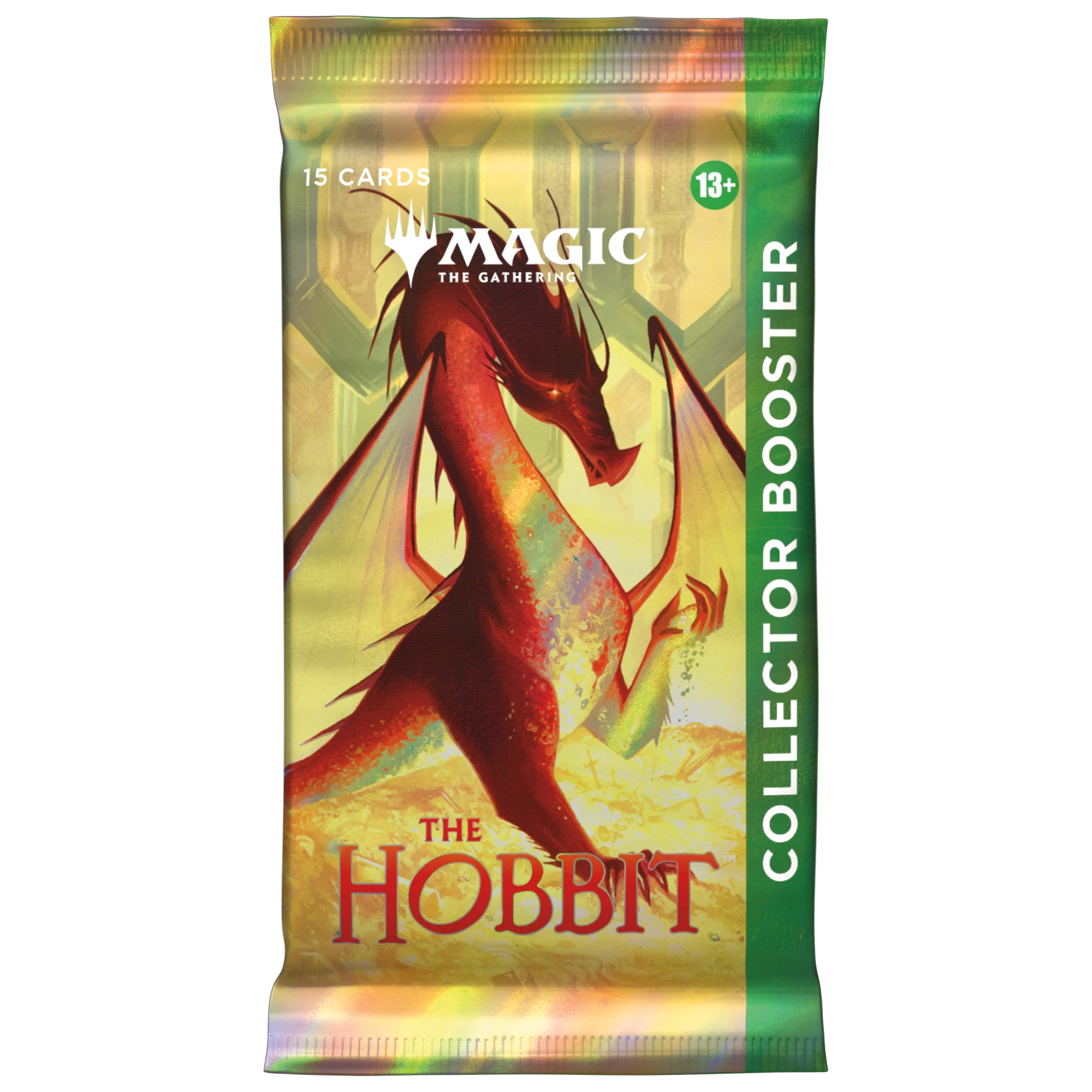 A Magic: The Gathering collector booster pack for The Hobbit, featuring a red dragon illustration on a gold background with a green vertical banner reading 'COLLECTOR BOOSTER'.