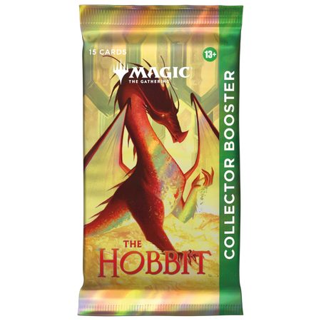 A Magic: The Gathering collector booster pack for The Hobbit, featuring a red dragon illustration on a gold background with a green vertical banner reading 'COLLECTOR BOOSTER'.