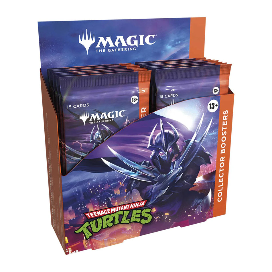Magic The Gathering Teenage Mutant Ninja Turtles Collector Booster Box display with Shredder artwork.