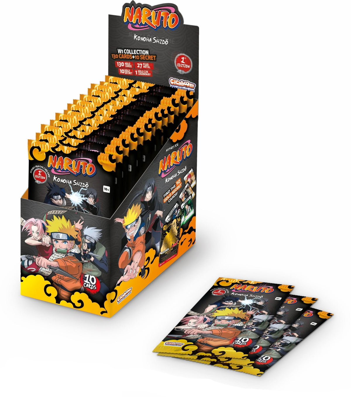 Display box of Naruto trading card packs with multiple cards on a white background