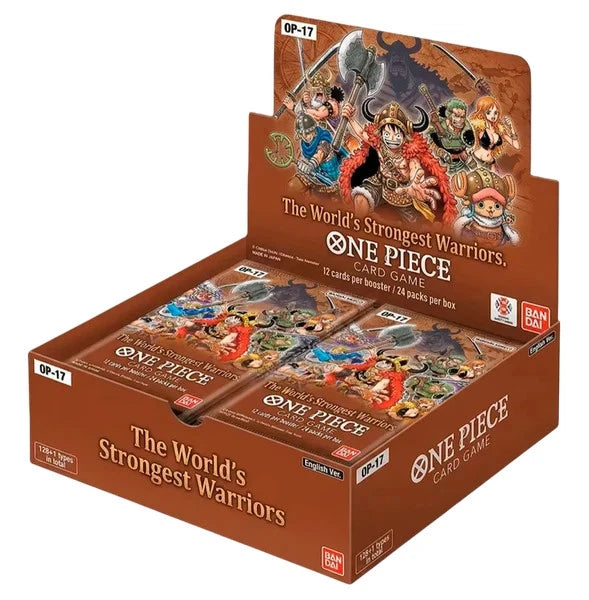 One Piece Card Game OP-17 The World's Strongest Warriors booster box display, featuring illustrated anime characters on the top panel and multiple booster packs inside, shown on a white background.