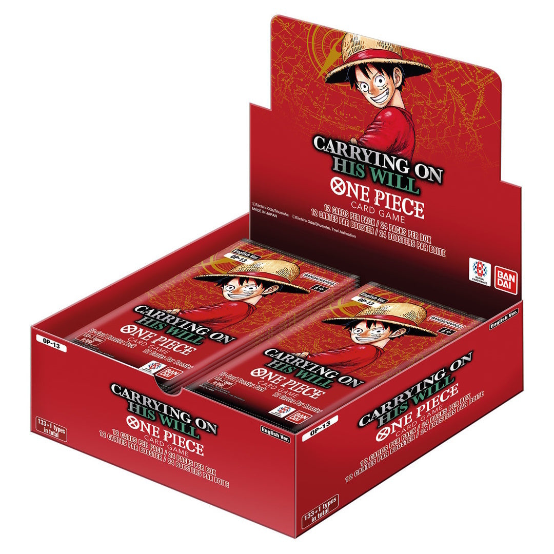 One Piece Card Game OP-13 Booster Box sealed display with 24 booster packs.