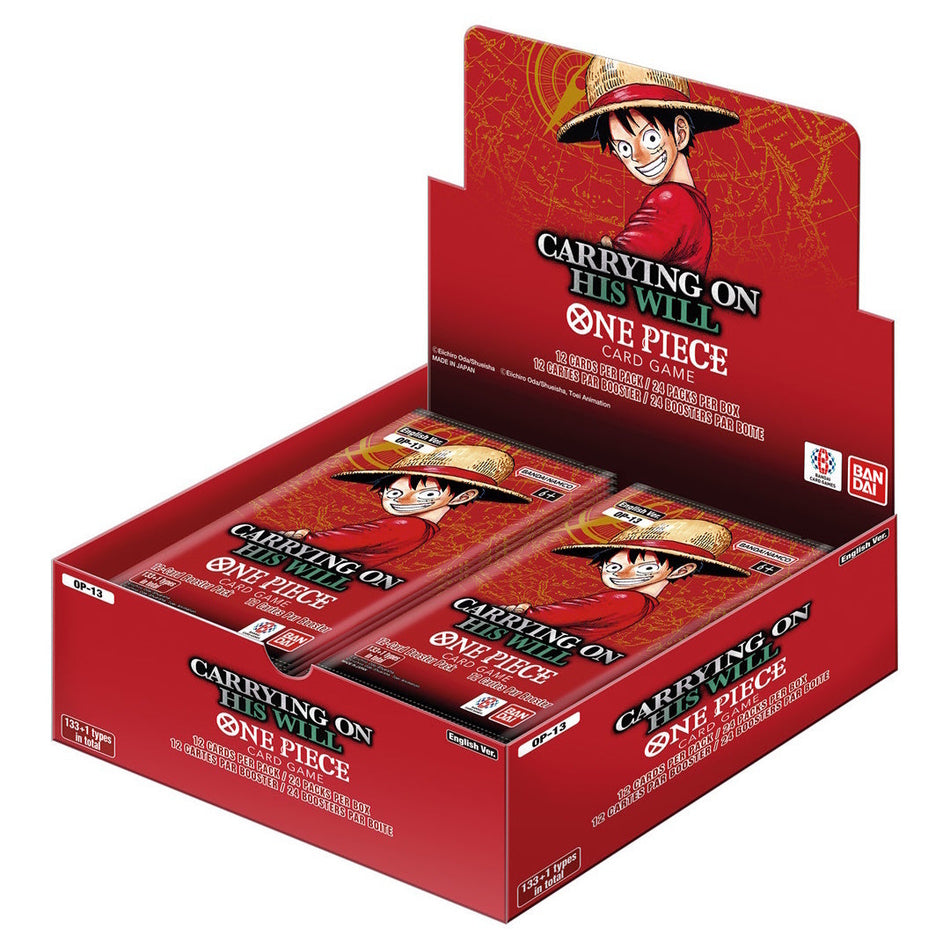 One Piece Card Game OP-13 Booster Box sealed display with 24 booster packs.