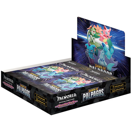 A Palworld official card game booster pack display box featuring artwork of two Palapagos characters on a dark blue and black background, with the Palworld logo visible on the packaging.