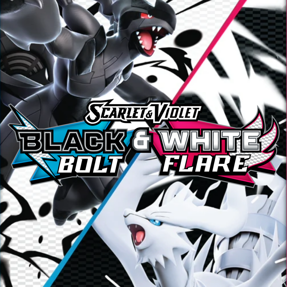 Reshiram, and Zekrom in Black & white with the Pokemon scarlet & violet Black Bolt and White Flare logo.
