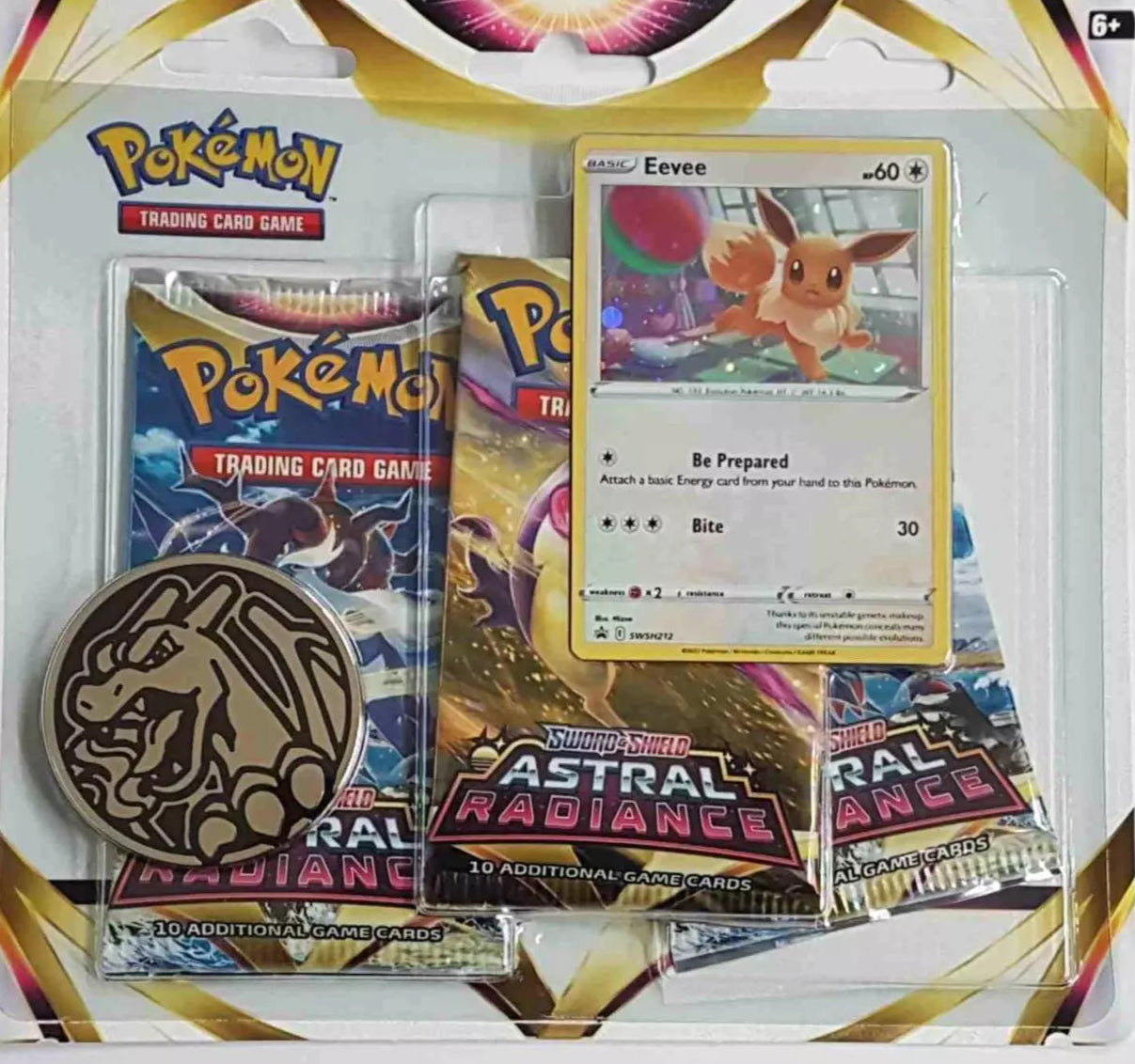 Sword & Shield Astral Radiance 3-Pack Blister (Eevee promo Card & collectable Charizard Coin included