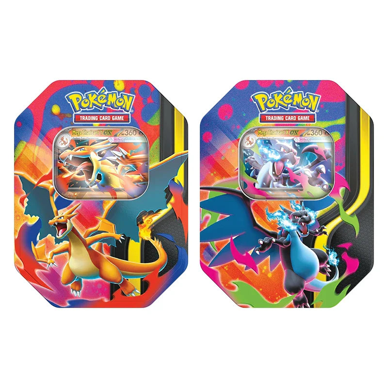 Pokémon TCG Mega Charizard X and Mega Charizard Y tins set with promo cards and booster packs.