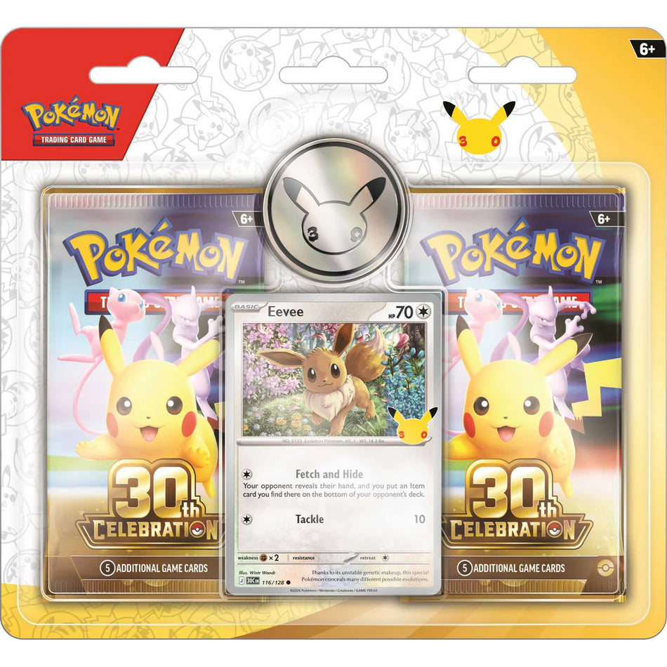 Pokémon TCG 30th Celebration 2-Pack Blister with Eevee promo card and metallic Pikachu coin.