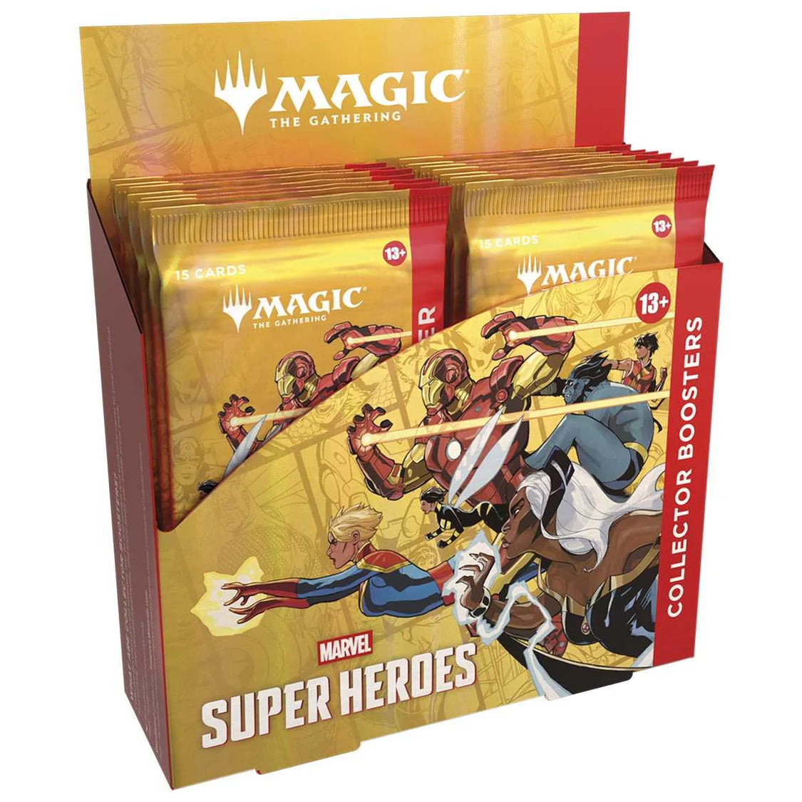 Display of 'Magic: The Gathering' Marvel Super Heroes trading card booster packs.